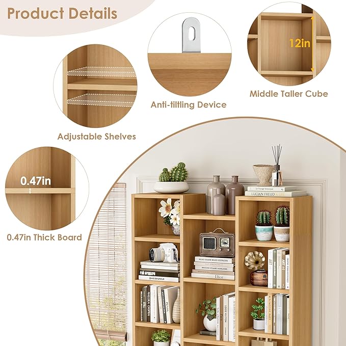FOTOSOK 71'' Tall Bookshelf with 21 Cubes, 8 Tier Triple Wide Bookshelf with 8 Adjustable Shelves, 35" Wood Bookcase DVD/CD Media Tower Storage, Freestanding Display Shelf Cabinet, Natural