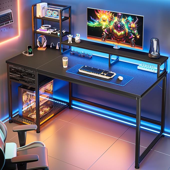 44 Inch Gaming Desk with Hutch and Drawers,Reversible Computer Desk with Monitor Shelf,Home Office Desks with USB Power Outlets and Storage,Pc Small Gaming Desk for Office with LED Lights,Black