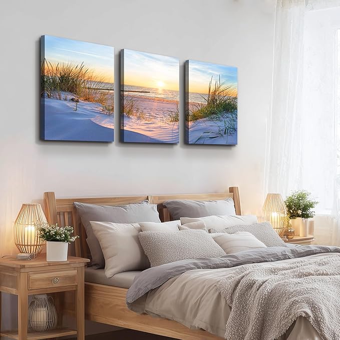 MHARTK66 Wall Decor For Living Room Canvas Wall Art For Bedroom Modern Office Pictures Wall Artwork Blue Sun Beach Grass Ocean Landscape Paintings Canvas Art Prints Home Decorations 3 piece
