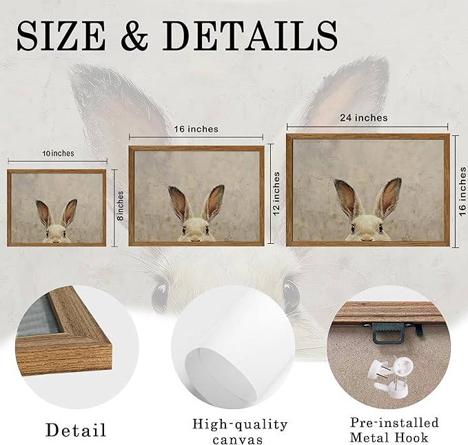 AVECCO Framed Vintage Funny Bunny Easter Wall Art, Cute Farmhouse Aesthetic Wall Decor, Easter Rabbit Art Prints for Bathroom Living Room Bedroom Dining Room Office Decoration Ready to Hang 12x16 inch