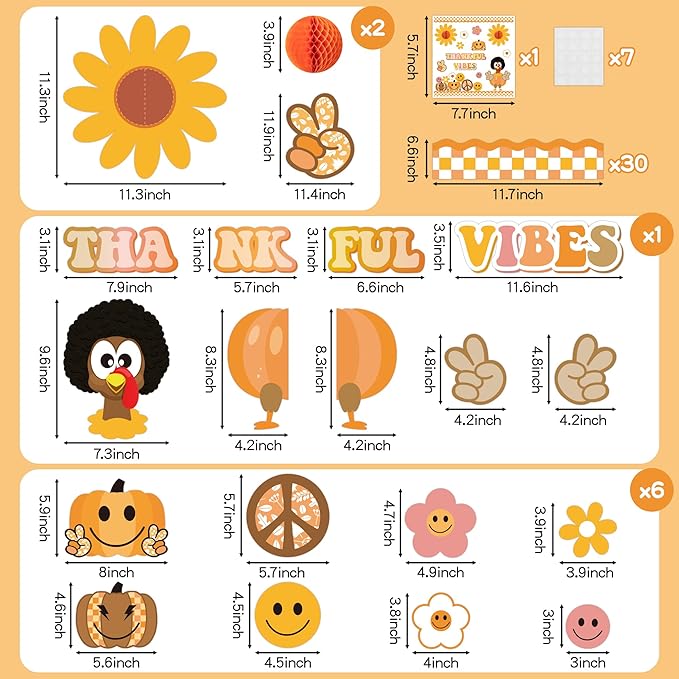 Xqumoi 91Pcs Retro Groovy Fall Turkey Bulletin Board Thankful Vibes Borders Decorations Hippie Autumn Pumpkin Daisy Give Thanks Cutouts for Thanksgiving School Classroom Home Office Chalkboard Decor
