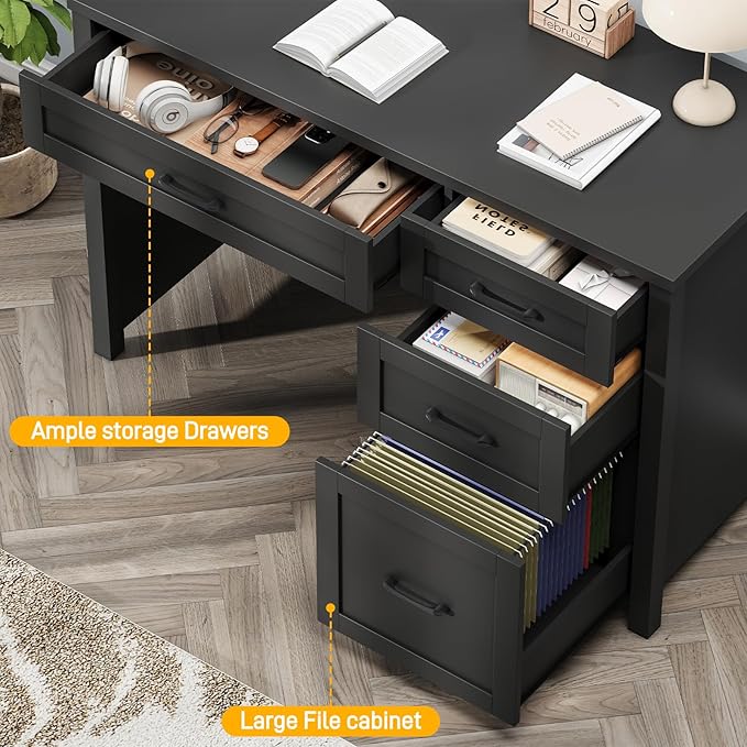 Vabches Farmhouse 47" Executive Desk, Computer Desk with File Drawer and Charging Station, Workstation for Home Office, Study,(Pure Black).