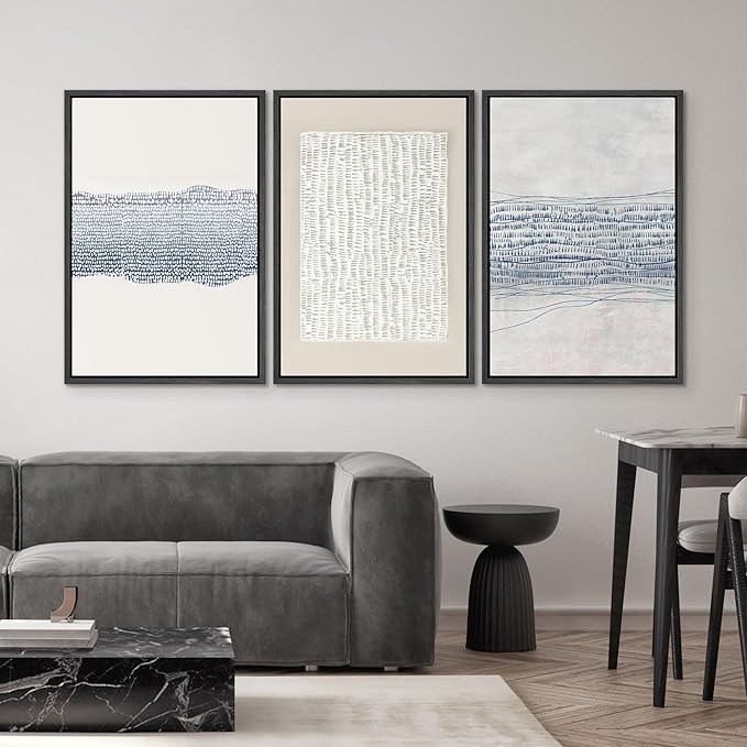 SIGNWIN Framed Canvas Print Wall Art Set Blue White Grunge Geometric Pattern Abstract Shapes Cozy Neutral Modern Art Decorative Contemporary Minimal for Living Room, Bedroom, Office - 24"x36"x3 Black