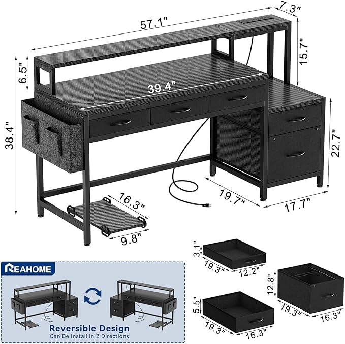 REAHOME 61 Inch Gaming Desk with Charging Station and LED Lights, Reversible Computer Desk with Storage Drawer and Monitor Stand, Modern Desk Table with File Cabinet & Side Pocket, Carbon Fiber Black