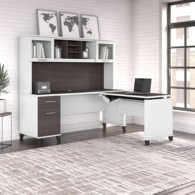 Bush Home Somerset 72W 3 Position Sit to Stand L Shaped Desk with Hutch in White and Storm Gray | Adjustable Height Table for Home Office