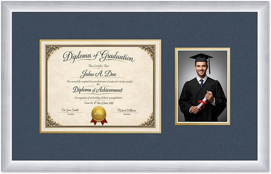 Diploma Frame With Photo Opening Stainless Silver Navy Blue Over Gold Mat - Fits 11 x 8.5 Degree and Picture Made in the USA