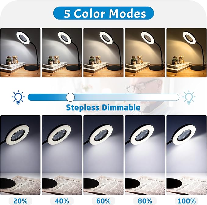 12X Magnifying Glass with Light and Stand, 5 Color Modes, 9 Dimmable Levels, Hands Free Flexible Gooseneck Magnifying Lamp, 2-in-1 LED Desk Lamp for Crafts Hobby Jewelry Sewing Reading Close Work