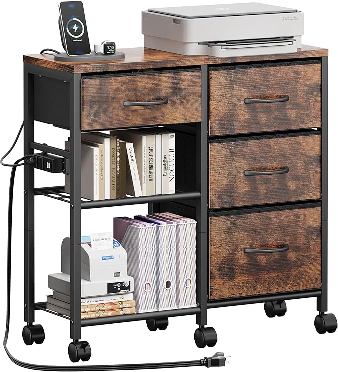 4 Drawer File Cabinet with Charging Station, Rolling Printer Stand Table with Open Storage Shelf, Mobile Fabric Filing Cabinet for Home Office, Rustic Brown