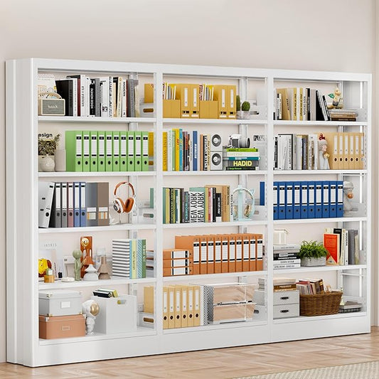 70.9" H Metal Bookshelf, Adjustable Bookcase, 5-Tier Heavy Duty Bookshelf with Bookend, Tall Bookshelves, Bookcase Shelf for Living Room, Office, Library,Classroom (White-108.3W)