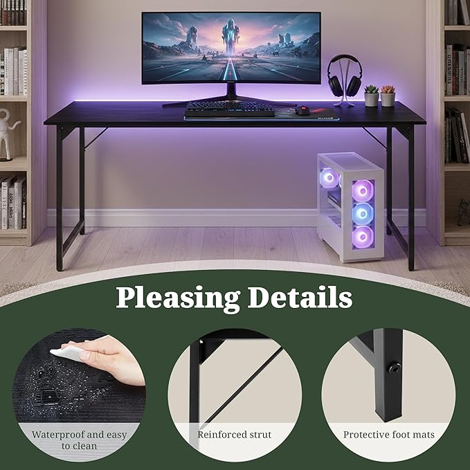 Computer Desk 63 Inch, Simple Large Home Office Desk Study Writing Table, Sturdy Metal Frame, Scratch-Resistant MDF Desktop for Bedroom Dorm Workspace, Black