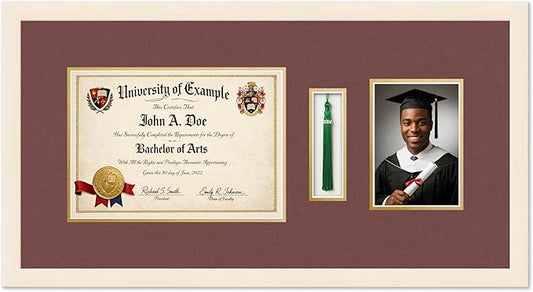 Diploma Tassel and Photo Shadowbox Fits 11.69 x 8.27 A4 Certificate with Tasse Coastal Whitewash Genuine Hardwood with Dark Red Over Metallic Gold Double mat