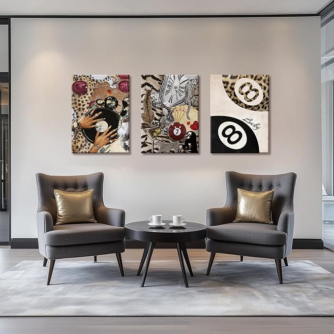 TUEASKY 3 Piece Canvas Wall Art Cheetah Wall Decor Y2K Pictures Vinyl Record Paintings Leopard Prints Lucky 8 Ball Artwork for Bedroom Game Room Bar Party