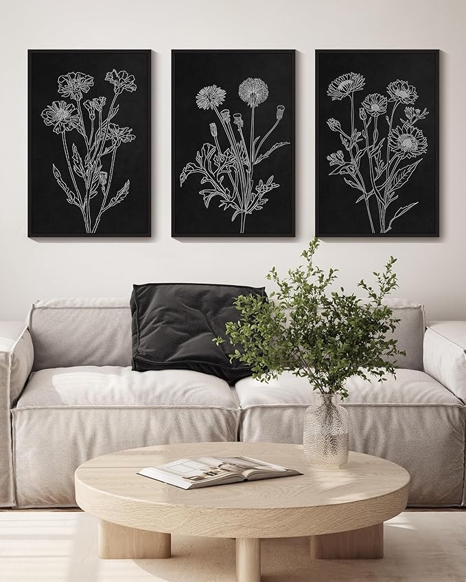 Drsoum Black White Flower Wall Art Vintage Minimalist Floral Wall Hanging Decor Bohemain Botanical Prints Artwork for Bedroom Living Room Hallway 16x24in Black Framed