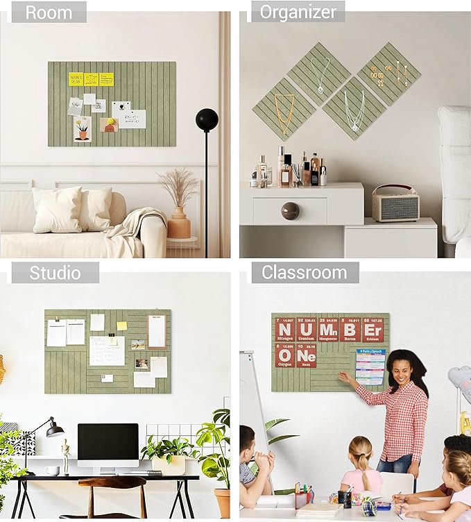 1/2" Thick Cork Board for Office, 6 Pack Felt Wall Tiles -28"x18" with Safe Adhesive Tabs, Large Bulletin Board, Push Pin Board Organizer Wall - Sage Green