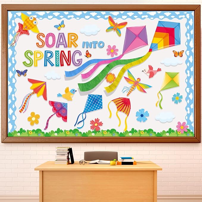 Pajean 68 Pcs Spring Bulletin Board Decoration Set 3D Kite Bulletin Boards with Tissue Paper Soaring Into Spring Classroom Decor Cutouts for School Home Classroom Chalkboard Wall Supplies Decor