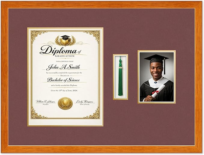 Diploma Tassel and Photo Shadowbox Fits 10 x 13 College Diploma (Portrait Traditional) Wit Honey Oak Genuine Hardwood with Dark Red Over Metallic Gold Double mat