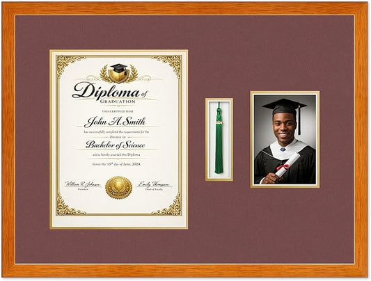 Diploma Tassel and Photo Shadowbox Fits 10 x 13 College Diploma (Portrait Traditional) Wit Honey Oak Genuine Hardwood with Dark Red Over Metallic Gold Double mat
