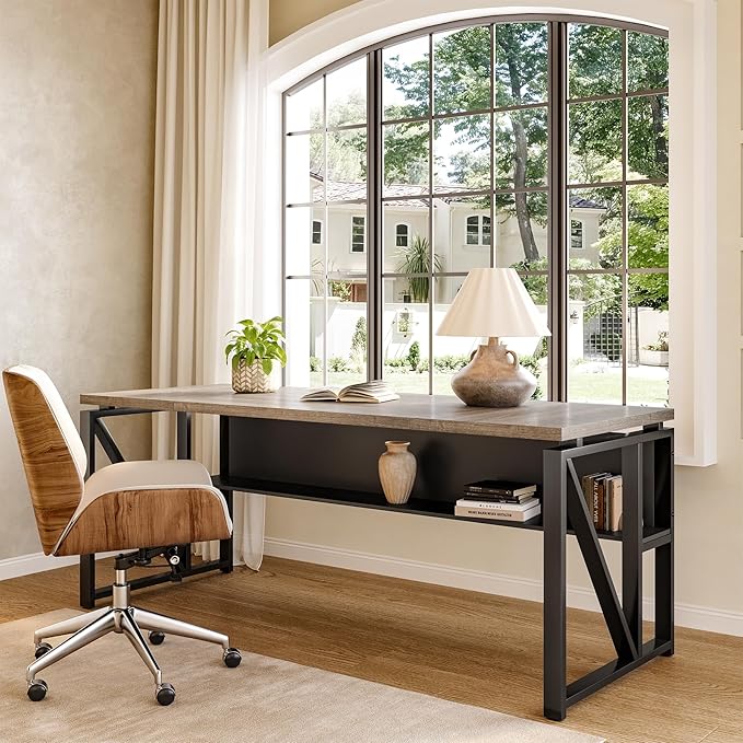 LITTLE TREE 63-Inch Executive Office Desk, Large Computer Desk with Storage Shelf, Executive Desk with Metal Frame, Study Writing Desk Work Station for Home Office, Grey + Black