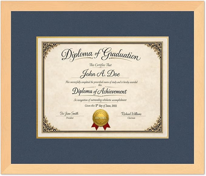 Diploma Frame Natural Wood with Navy Blue Over Gold Double Mat - Fits 13 x 10 College Diploma (Traditional) Wall Display Made in the USA