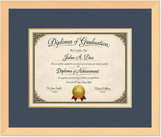 Diploma Frame Natural Wood with Navy Blue Over Gold Double Mat - Fits 13 x 10 College Diploma (Traditional) Wall Display Made in the USA