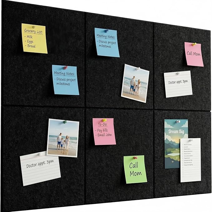 Cork Board for Walls 36" x 24", Black Bulletin Boards, 6 Pack Felt Cork Tiles with Removable Adhesive & 30 Pushpins, Cork Boards for Office, Home, Classroom, Kids Room