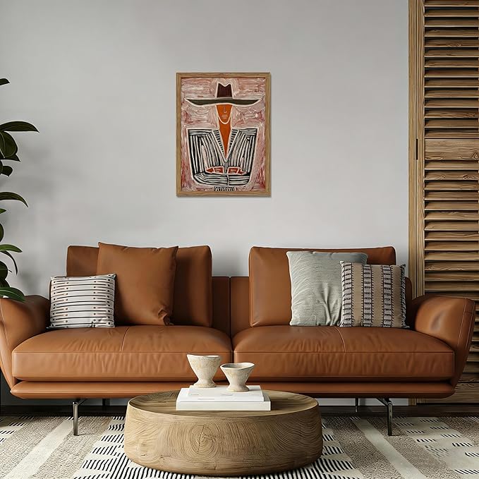 Framed Abstract Cowboy Wall Art, Vintage Western Striped Canvas Wall Decor Painting, Minimalist Southwestern Line Artwork Prints Pictures for Bedroom Living Room 16x24 Inch