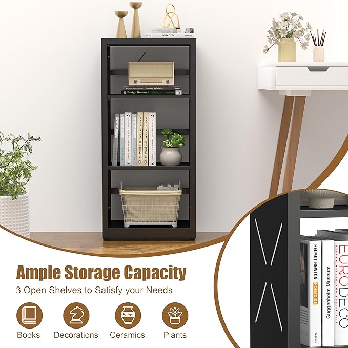 3 Tier Bookshelf, 34"Tall Metal Bookcase with Adjustable Shelves, Modern Display Book Shelf, Black Bookcase Shelf, Utility Shelf, Storage Shelves for Office, Living Room, Kitchen, Study-16"W