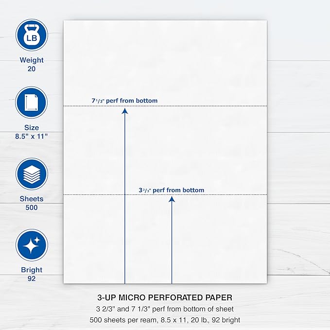 PrintWorks Professional 3 Part Perforated Paper 8.5” x 11” - Perfect for W-2, 1099, & Statement Use - Made in the USA - 500 Sheets - 20 lb - Printer Compatible - White (04120)