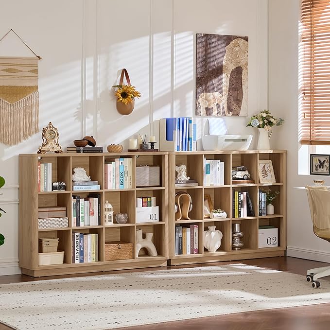 12 Cube Storage Organizer, 41" Large Bookshelf with Curved Edge, Wood Floor Standing 3-Tier Cubby Bookcase with Base, Rustic Display Storage Cabinet for Living Room, Home Office, Natural Oak