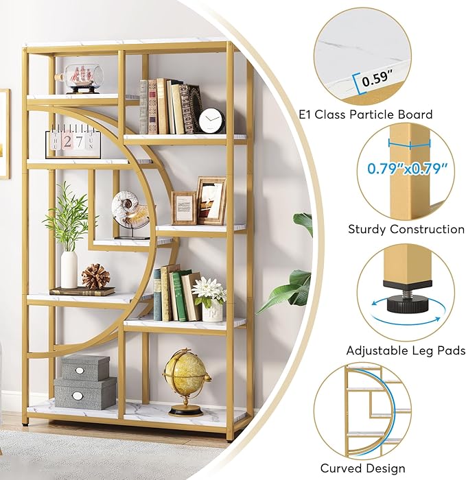 Tribesigns Bookshelf Industrial 5 Tier Etagere Bookcase, Freestanding Tall Bookshelves Display Shelf Storage Organizer with 9-Open Storage Shelf for Living Room, Bedroom, 2 Pack (Gold, 2 Pack)