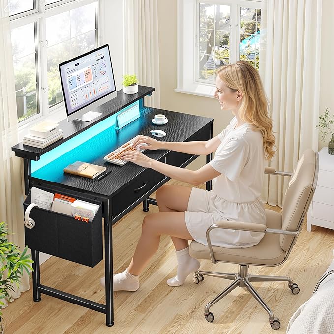 Gaming Desk with LED Lights & 2 Fabric Drawers, 39.4Inch Home Office Computer Desk with Side Pocket & Ergonomic Monitor Stand, Small Space Study Writing Table with Anti-Tip Design,Black
