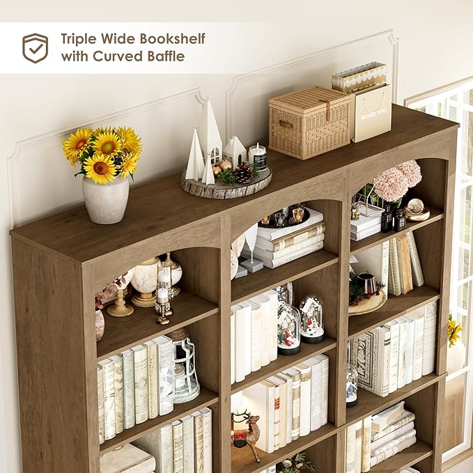 FACBOTALL 71" Triple Wide Bookshelf, 6 Tier Tall Bookshelf, Large Arched Bookcase with Curved Baffle, 63.4" Wide Book Shelf with 18 Open Display Shelves for Living Room, Study, Phoebe Zhennan