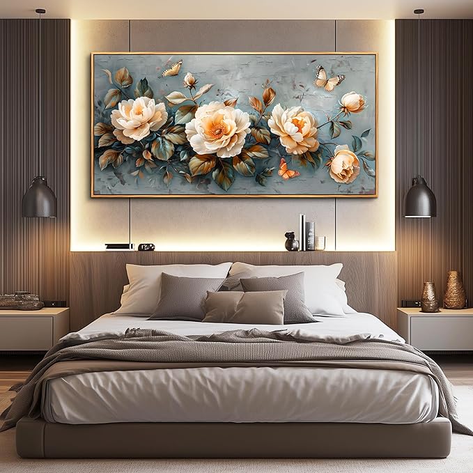 PHAOHUAXM Wall Art For Living Room Canvas Wall Decor For Bedroom White Ink-Wash Flower Wooden Frame Paintings Office Restaurant Room Decorations Printing Artwork Ready To Hang Home Decor 20" X40
