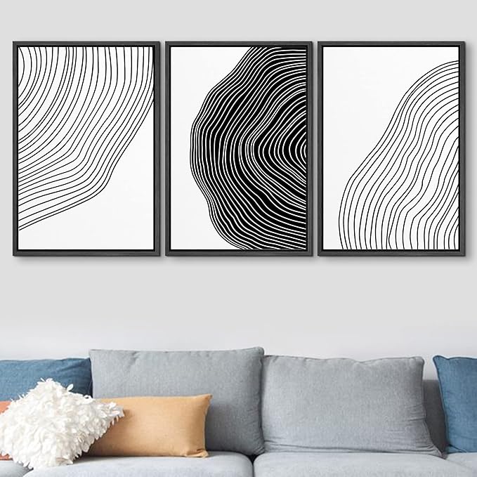 SIGNFORD Framed Canvas Print Wall Art Set Black White Spiral Ring Polygons Abstract Shapes Illustrations Modern Art Bohemian Nordic Relax/Calm for Living Room, Bedroom, Office - 24"x36"x3 Black