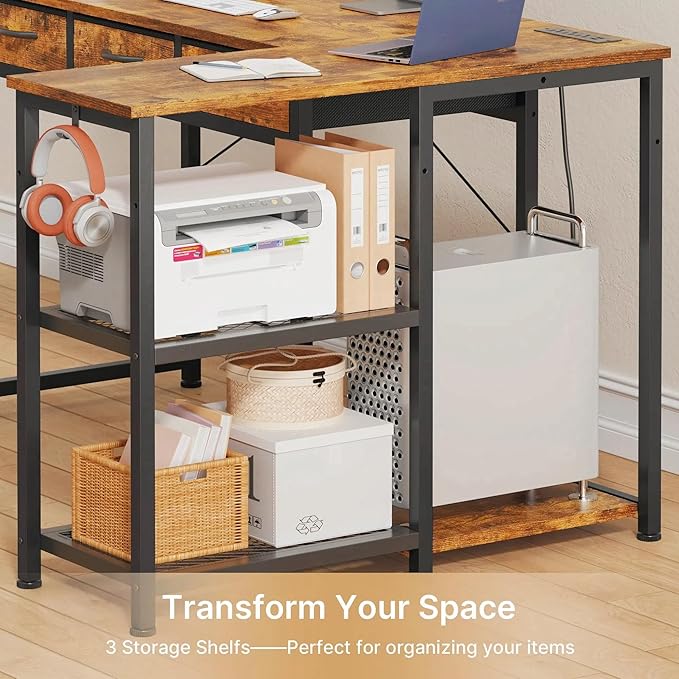 Gizoon Corner Computer Desk, 53 Inch L Shaped Office Desk with Power Outlets, Drawers, Reversible Storage Shelves, CPU Stand and Hooks for Living Room, Home Office, Study, Gaming(Rustic Brown)
