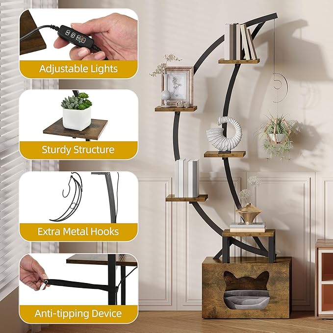 DWVO Tall Bookshelf with LED Light, Artistically Designed Moon Arched Bookcase with Cats Litter Box,10-Tier Bookcase Corner Display Shelf for Home Office, Bedroom