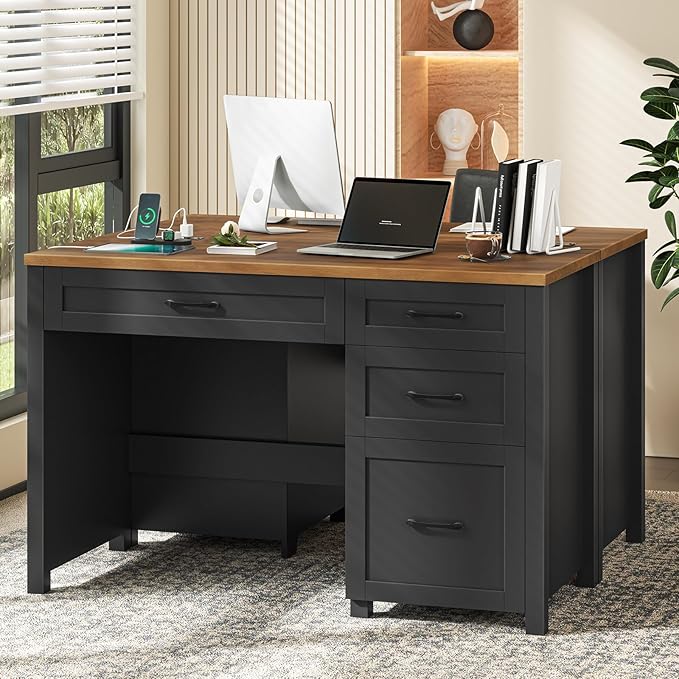 Farmhouse 47" Executive Desk with 4 Drawers, Computer Desk with File Drawer and Charging Station, Workstation for Home Office, Study.Black Brown
