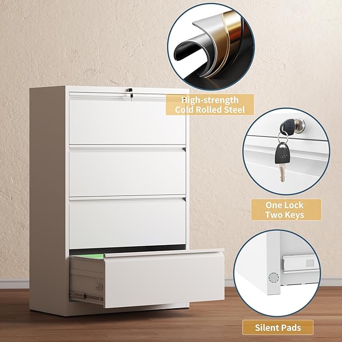 4 Drawer File Cabinet with Lock, Lateral Filing Cabinets,Metal Storage Filing Cabinets for Home Office, Heavy Duty File Cabinet for Letter/Legal/A4/F4 Size Amsseble Required, White
