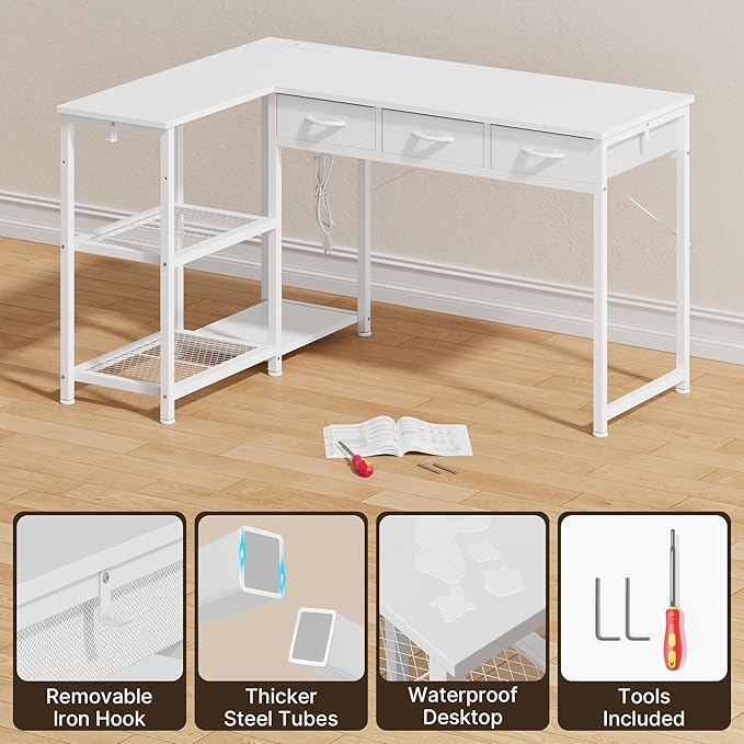 Gizoon 53 Inch White L Shaped Gaming Desk with CPU Stand & Power Outlet - Reversible Corner Desk with Drawers, Storage Shelves and 2 Hooks for Gaming Setup, Home Office, Living Room