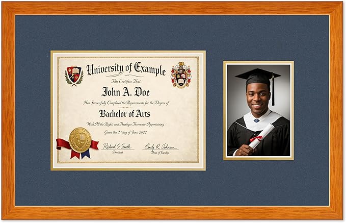 CountryArtHouse Fits 11 x 8.5 US Letter Certificate and 5 x 7 Photo Diploma and Photo Frame Honey Oak Genuine Hardwood with Navy Blue Over Metallic Gold Double mat