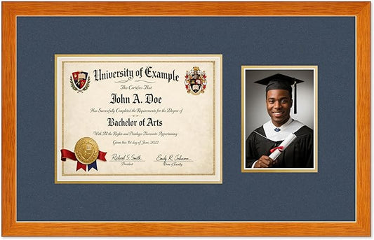 CountryArtHouse Fits 11 x 8.5 US Letter Certificate and 5 x 7 Photo Diploma and Photo Frame Honey Oak Genuine Hardwood with Navy Blue Over Metallic Gold Double mat