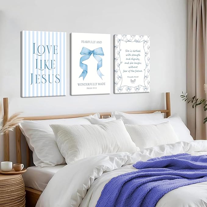 Light Blue Bow Christian Wall Art for Girls Dorm – Coquette Aesthetic Scripture Canvas Prints, Christian Wall Decor for Teen Room, or Bathroom – Framed Cute Spiritual Decor 16x24 inch
