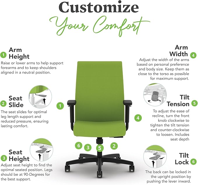 HON Ignition 2.0 Fabric Office Chair, Upholstered, Adjustable Arms, Standard Synchro-Tilt Recline Executive Ergonomic Office Chair, Black Frame, Pear