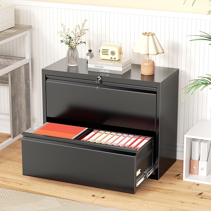 Greenvelly Lateral File Cabinet 2 Drawer, Black File Cabinet with Lock, Lockable Metal Filing Cabinet for Home Office, 2 Drawer File Cabinet for Legal/Letter/A4/F4 Size with Hanging Bars&Key