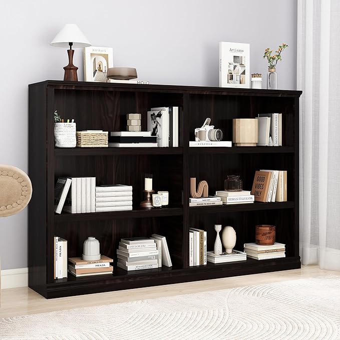 Double Wide Open Shelf Bookcase - 3 Tiers 6 Storage Cube Adjustable Space Book Case, Display Cabinet Organizer with Bookshelf, 64.8 inch Width Indoor Furniture for Home Library Office, Dark Cherry