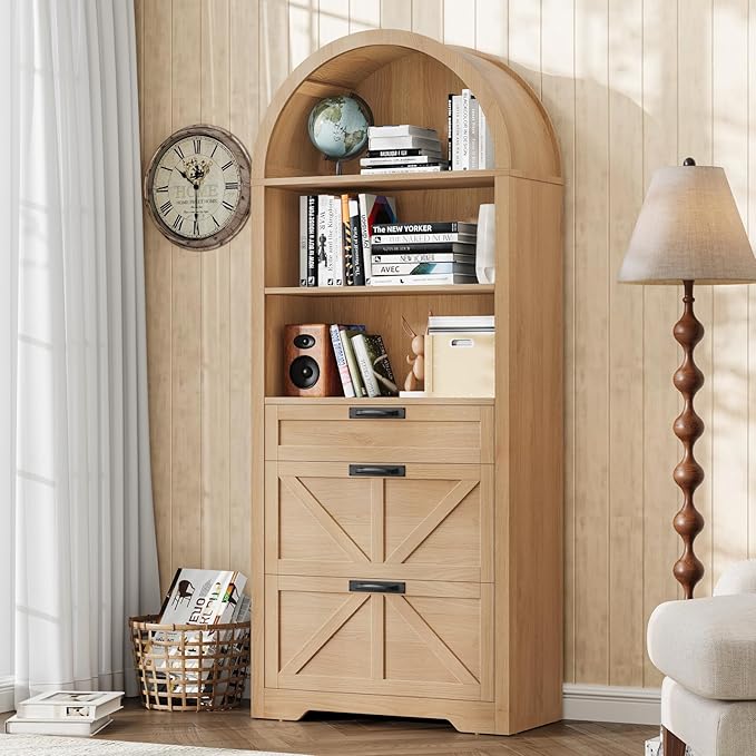 Arched Farmhouse File Cabinet with 2 Drawers for Legal, Letter, and A4 Size Hanging Files, Large Wooden File Cabinet for Home Office with Printer Stand and Bookshelf, Natrual