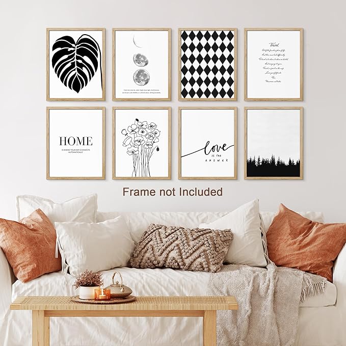 SIGNWIN Adhesive Canvas Poster Bathroom Decor, Wall Art Room Decor Multicolor for Living Room, Bedroom, Office Black White Monstera Leaf Love Home Typography Nature Abstract Shapes - 8"x10"x 8