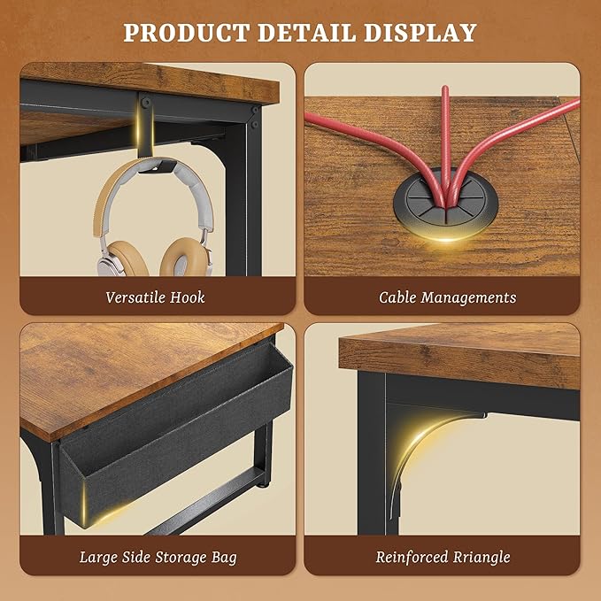 55 x 24 inch Desk with Power Outlets, No wobble Computer Desk with 0.95 Inch Thicker Desktop & Monitor Stand & Light & Storage Bag, Office Writing Desk for Home Office, Study, Bedroom, Brown