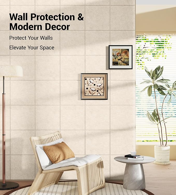 1/2" Thick Cork Board for Office, 6 Pack Felt Wall Tiles -28"x18" with Safe Adhesive Tabs, Large Bulletin Board, Push Pin Board Organizer Wall - Beige
