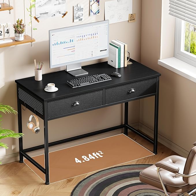 Furologee Small Computer Desk with 2 Fabric Drawers for Bedroom, 40 Inch Simple Home Office Desk for Small Space, Study Work Writing Table with Hooks for Kids Student, Black